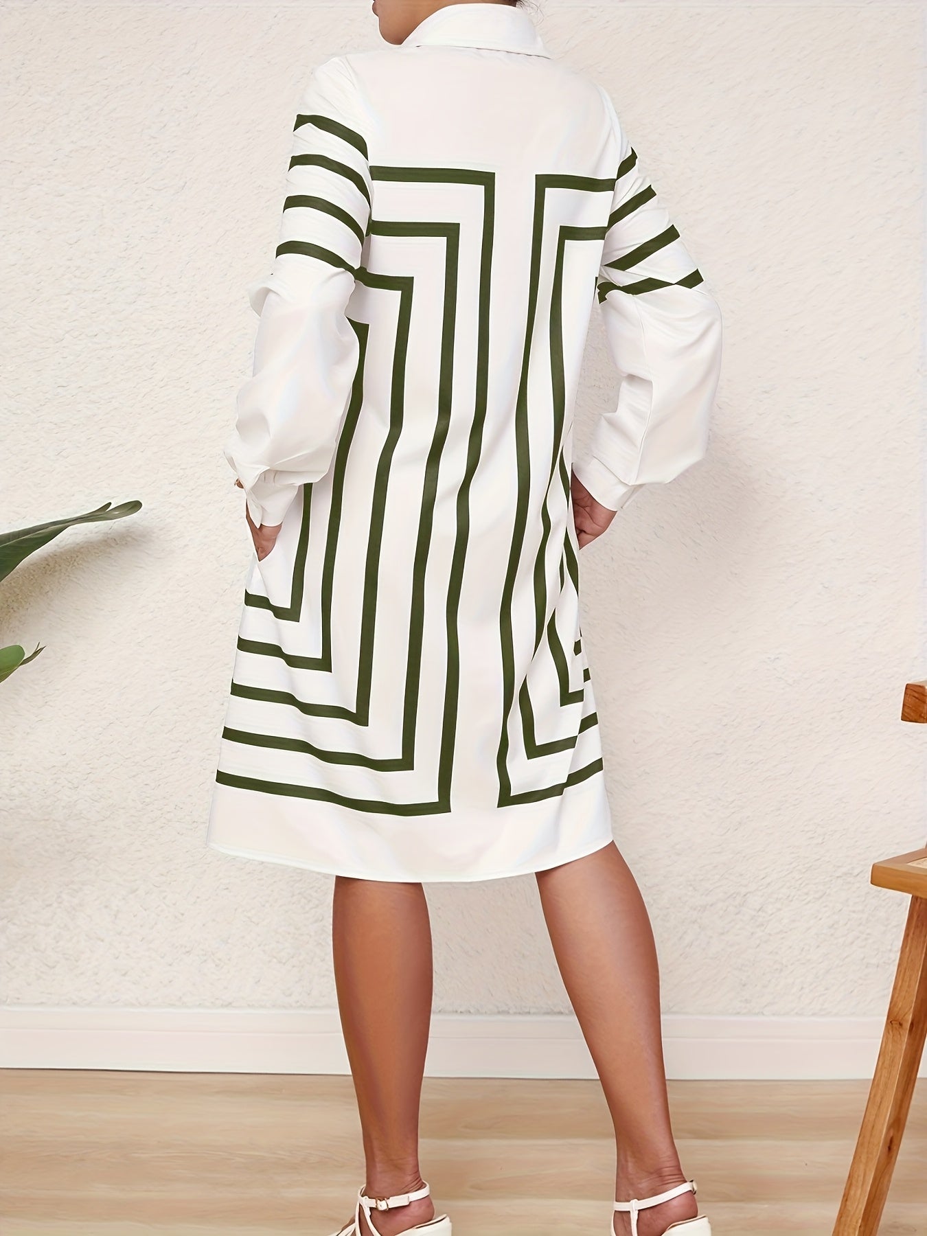 Half Sleeves Loose Buttoned Striped Lapel Midi Dresses Shirt Dress