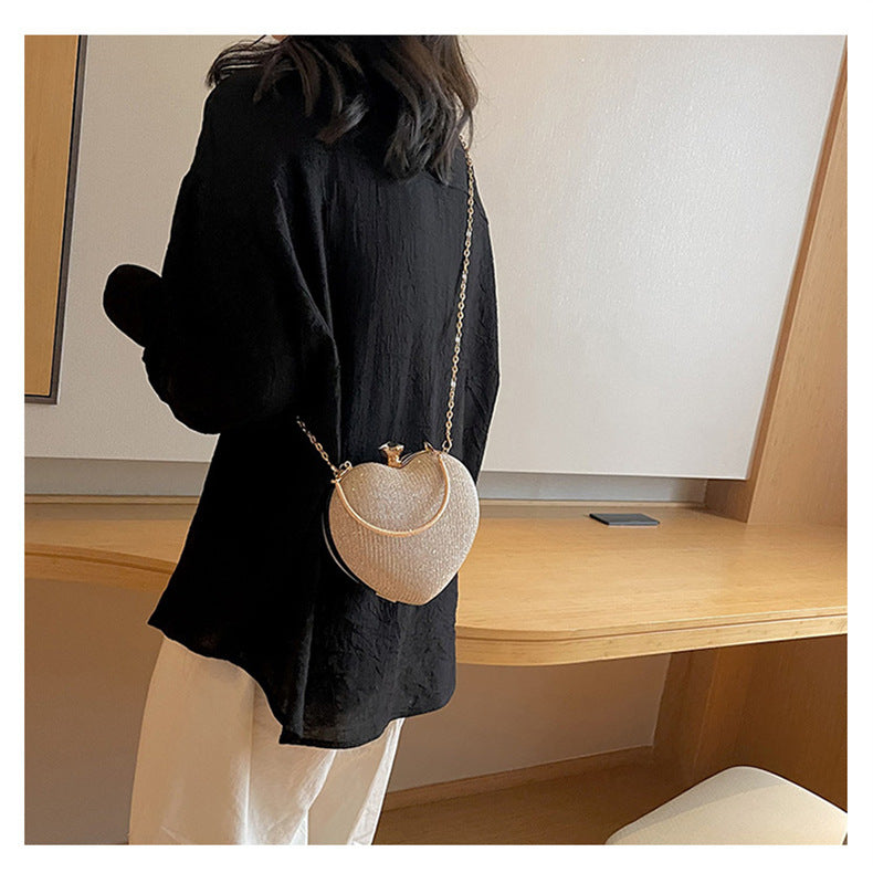 Ladies Fashion Shining Chain Crossbody Bag, Elegant Shoulder Heart Shaped, Metal Embellished, Black, with Buckle Closure, for Party, Wedding, Date