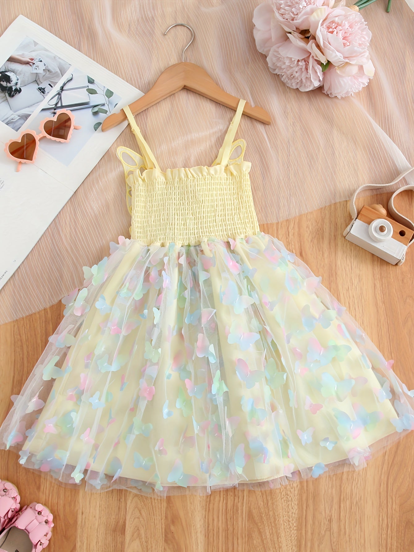 Enchanting Rainbow Butterfly Princess Dress for Girls - Elegant Sleeveless Mesh Tutu with Bow Detail, Perfect for Parties & Birthdays