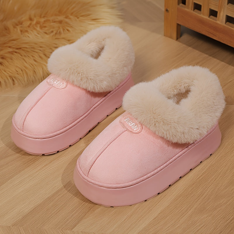 Women'S Preppy Solid Color Slip on Furry Slippers, Soft Warm Plus Fleece House Shoes with Round Toe, EVA Sole, Fabric Upper and Inner Material, Casual All-season Slippers