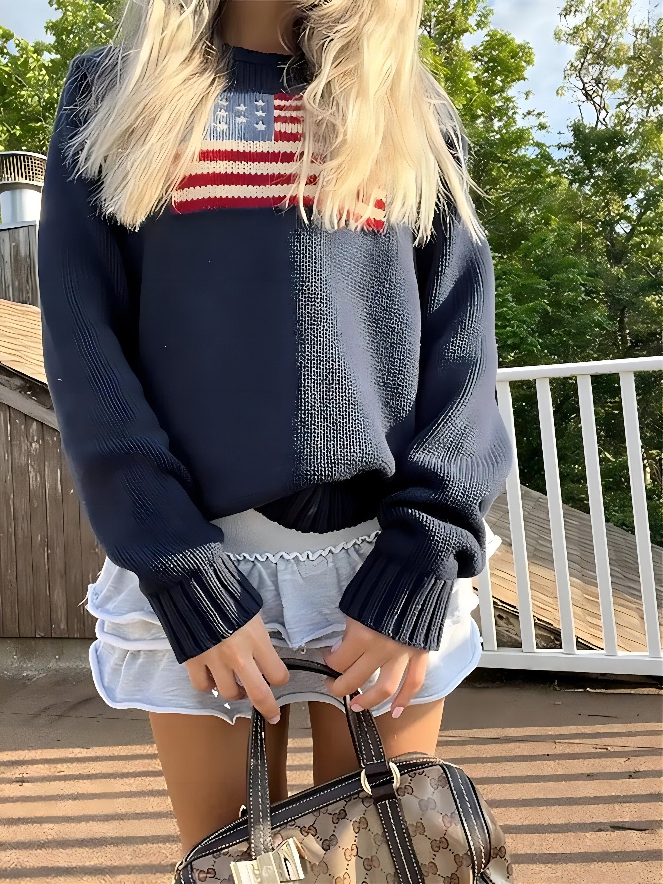 American Flag Pattern Pullover Sweater, Casual Crew Neck Long Sleeve Loose Sweater, Women's Clothing