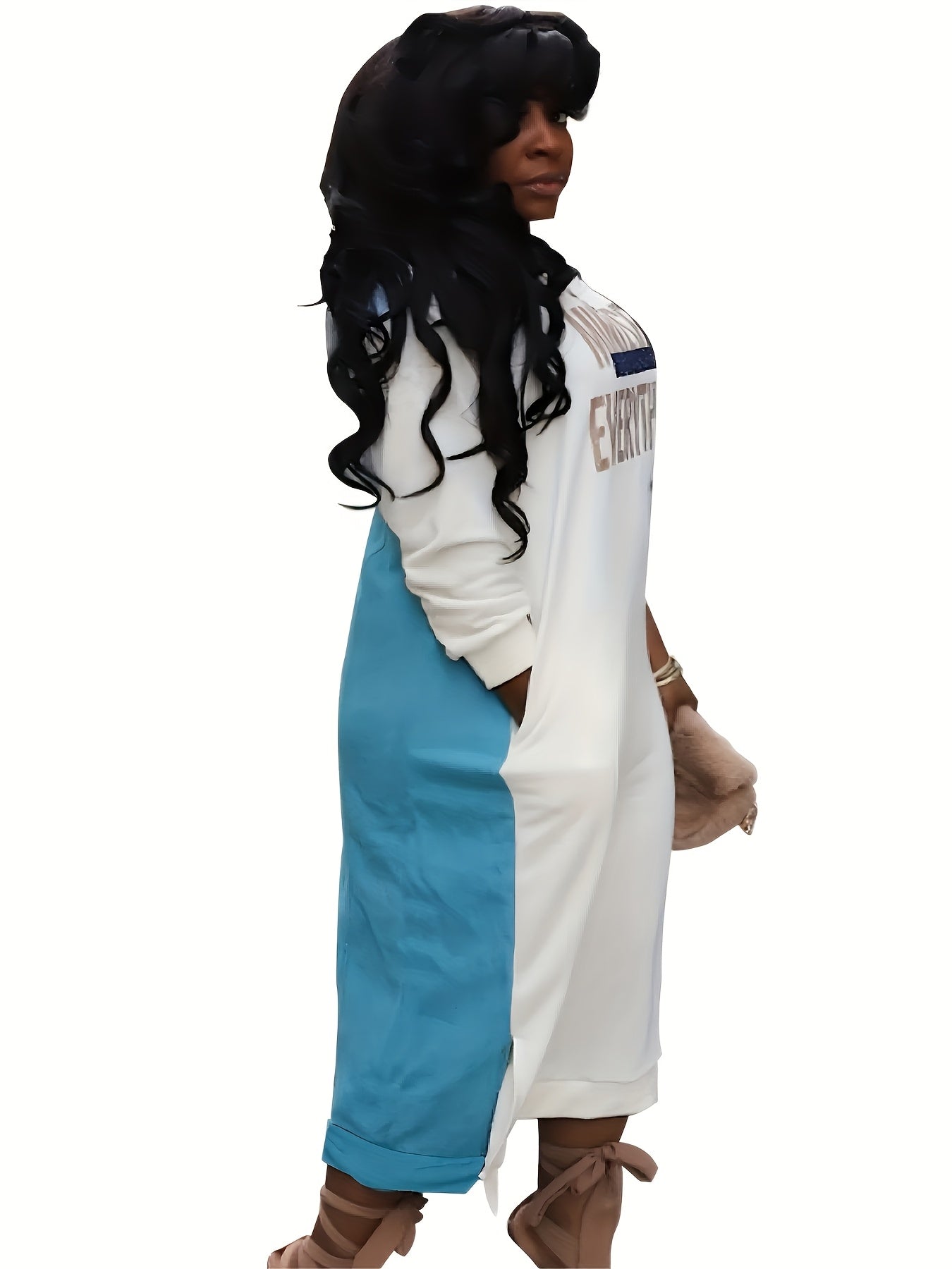 Plus-Size Casual Dress for Women, Featuring a Stylish Printed Color-Blocked Design with a Slit, Resembling a Sweatshirt Dress.