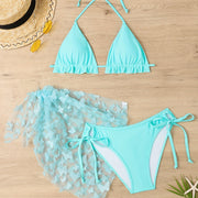 Solid Color Butterfly Applique 3 Piece Set Swimsuits, Triangle Halter Tie Strap Lettuce Trim Bikini, Women's Swimwear & Clothing