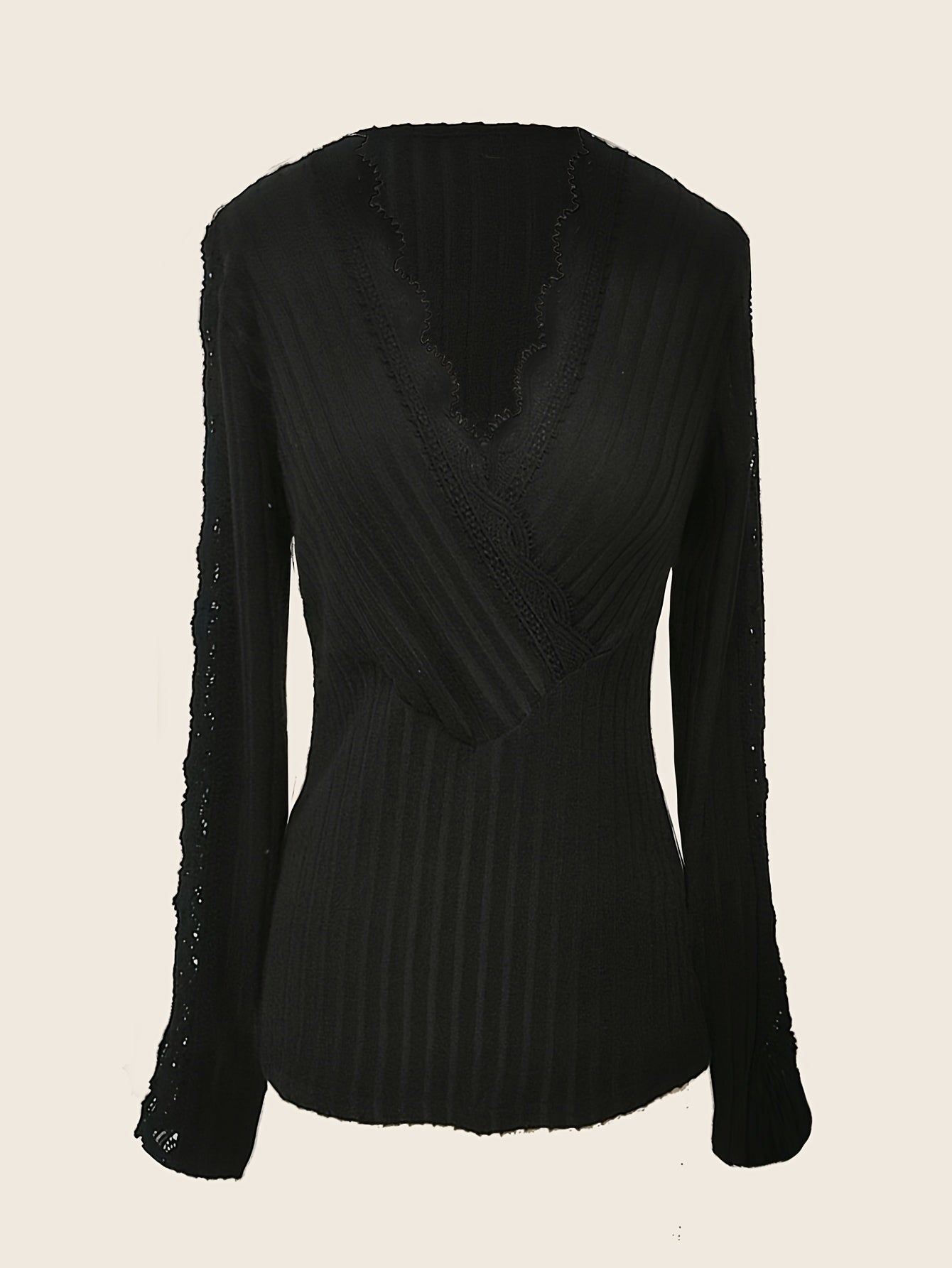 Contrast Lace Surplice Neck Rib Knit Top, Casual Long Sleeve Top For Spring & Fall, Women's Clothing