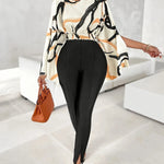 Women's Elegant Geometric Print Long Sleeve Blouse with Round Neck and Side Slit - Black, White, Orange, Yellow-Orange Abstract Design - Polyester & Elastane Blend - Machine Washable - Spring/Fall Fashion Top, Ladies Blouses