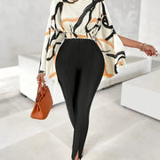 Women's Elegant Geometric Print Long Sleeve Blouse with Round Neck and Side Slit - Black, White, Orange, Yellow-Orange Abstract Design - Polyester & Elastane Blend - Machine Washable - Spring/Fall Fashion Top, Ladies Blouses