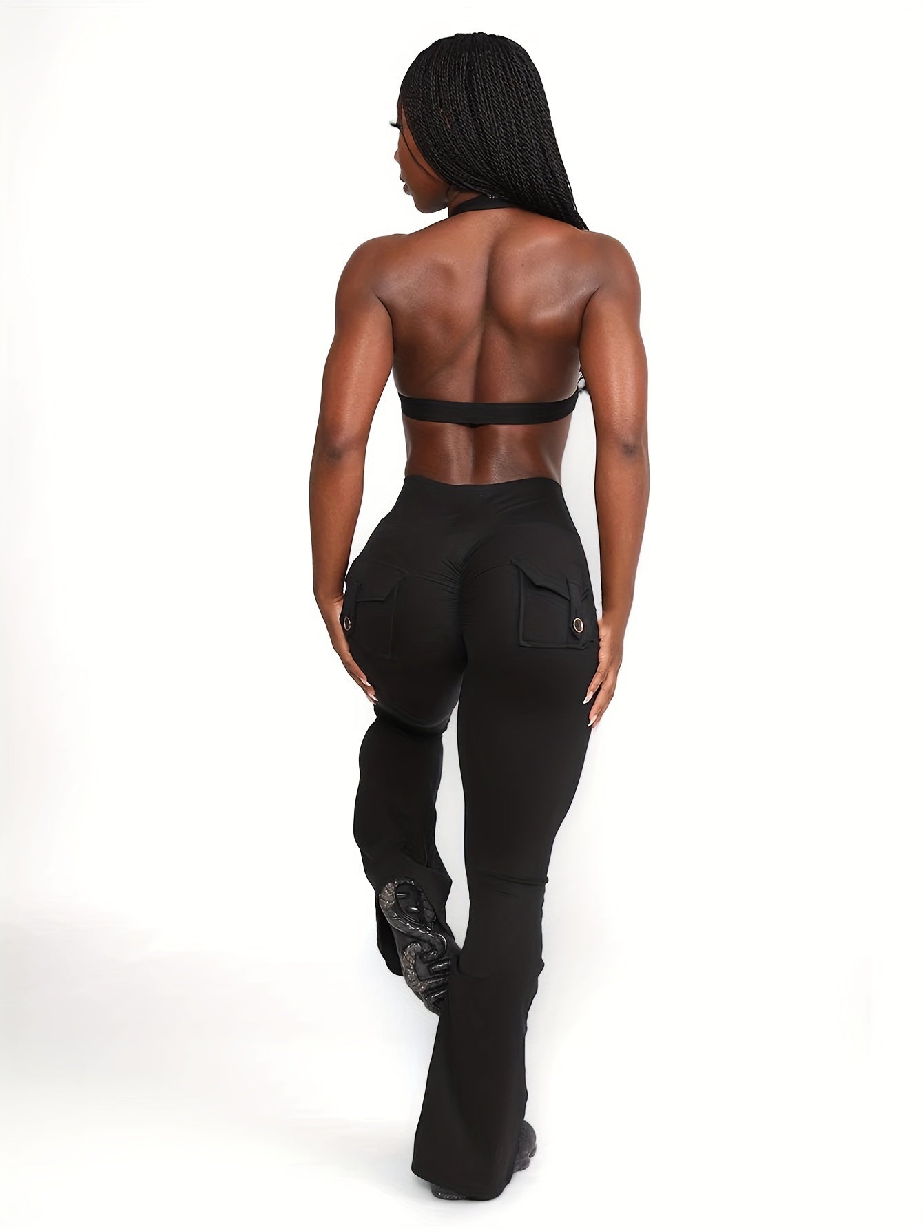 3pcs Of Black, Gray And Green Fashionable Workwear Style Bell Bottoms, Women's Casual Bell Bottoms, High Waist Pocket Sportswear, Work Style Peach Hip Pants, Sports Quick-drying Tummy Control Butt Lifting Trousers Flare L