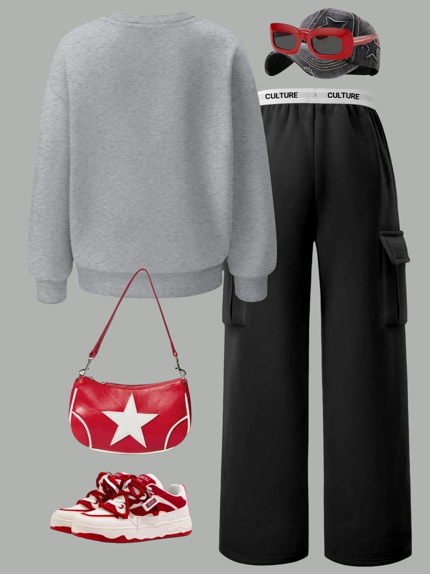 Women's Brooklyn New York Letter Print Sweatshirt Set - Casual Gray Long Sleeve Crewneck & Black Cargo Pants with Pockets, Polyester Blend, Perfect for Fall/Winter