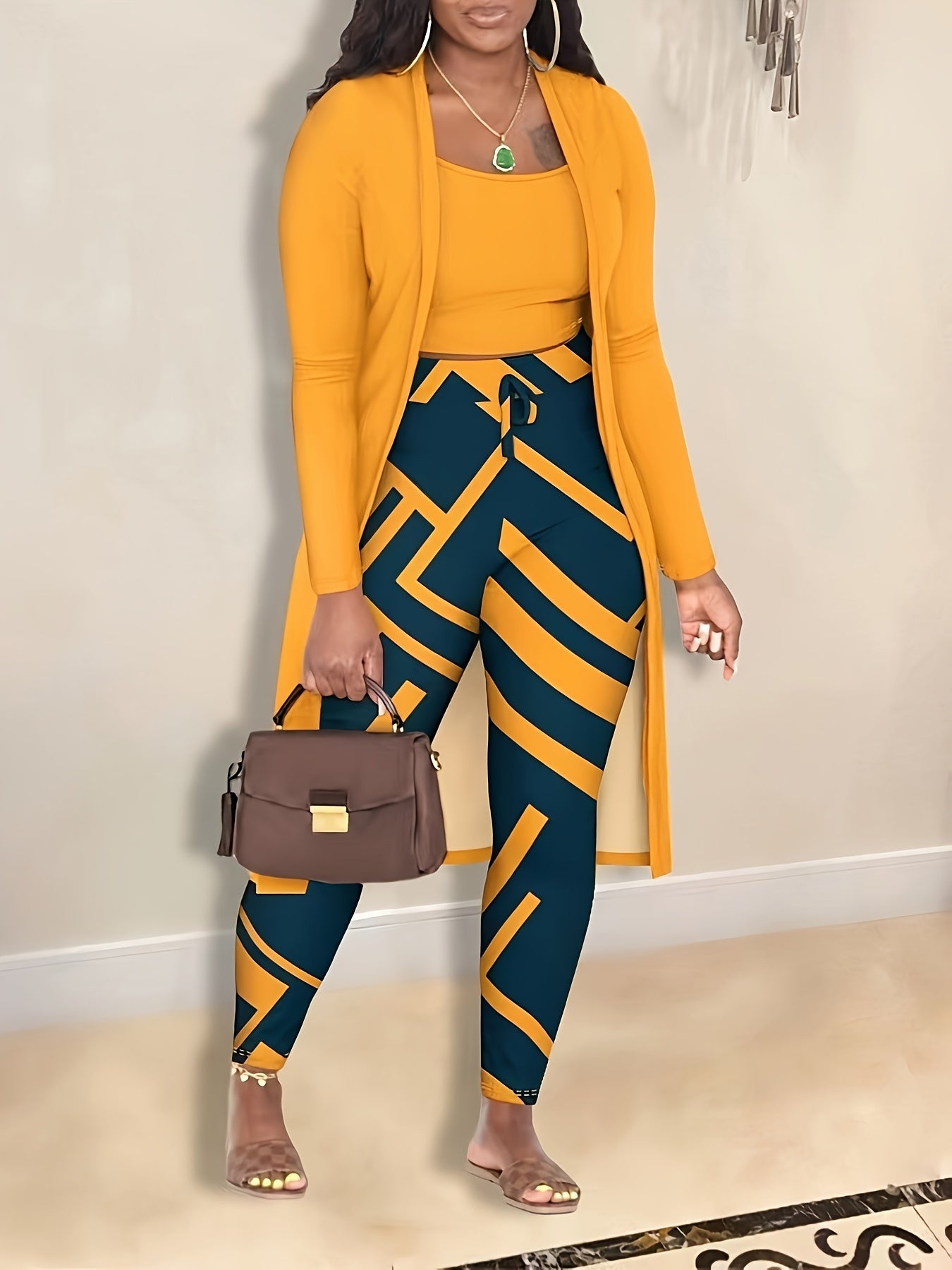 Fashion Color Block Striped Print Open Cardigan with Tie Waist Pants Three-Piece Set