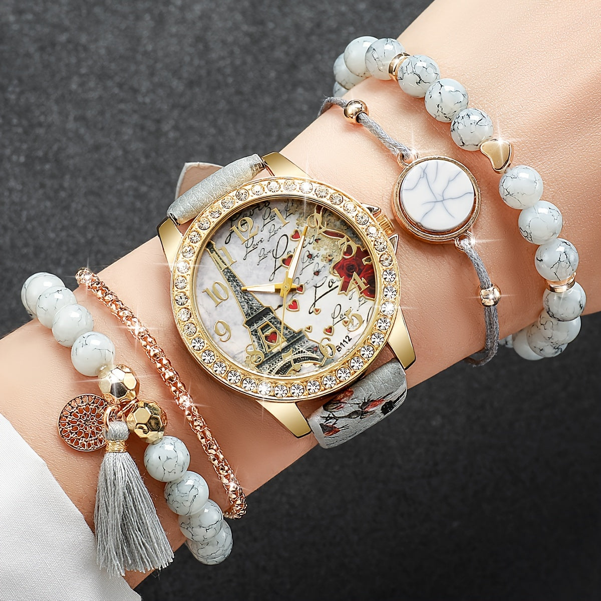 [Popular Choice] Ladies' Fashion Quartz Wristwatch with Digital Eiffel Tower Dial and Bracelet Set, 5pcs - Faux Leather Strap, Alloy Case, Non-Rechargeable Button Battery