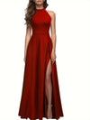 Long formal dress, slit thigh high waist long dress, elegant sleeveless round neck dress, suitable for parties and banquets