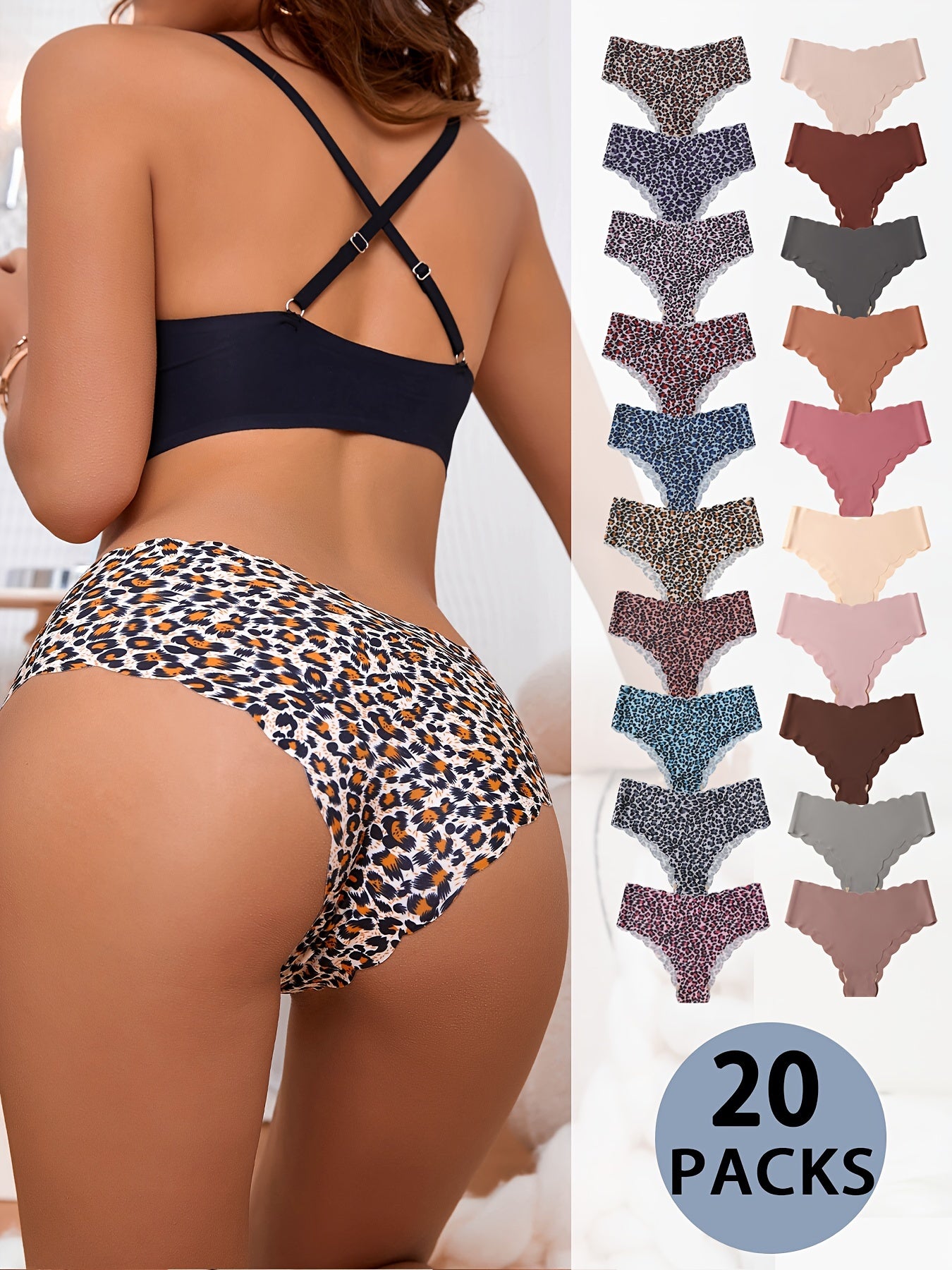20-Pack Seamless Comfort Fit Bikinis - Leopard Print & Solid Colors, Soft Polyamide Fabric, Mid Rise, Cotton Lining, Hand Wash Only, Simple Brief Style, One Size for Women