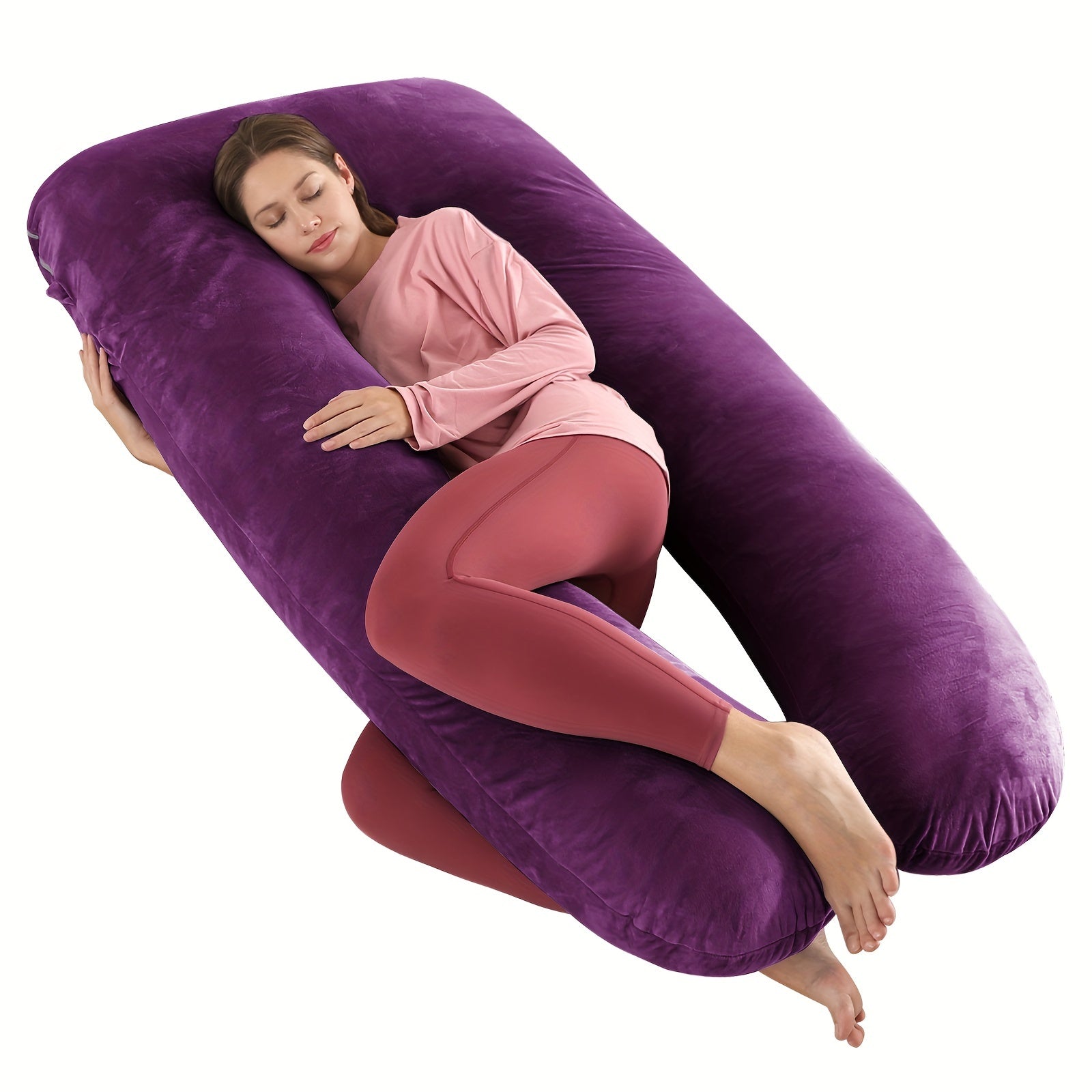 62 Inch J-Shaped Body Pillow with Removable Velvet Cover - Machine Washable Medium-Soft Support Pillow for Full-Body Comfort, White Home & Bedroom Essential, Pillows for Sleeping