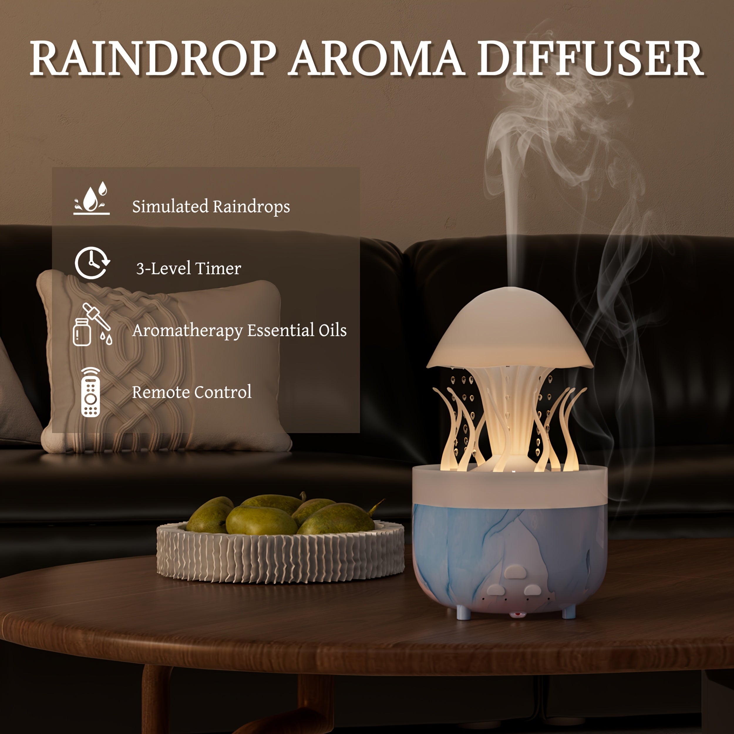 Smart Volcano Raindrop Aroma Diffuser – Nautical-Themed Essential Oil Humidifier with 3-Level Timer, Remote Control, and Simulated Raindrops for Bedroom & Living Room Decor, US Plug, Safe Low Voltage Device
