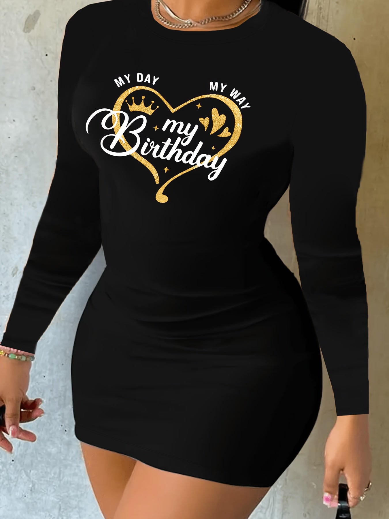 [Elegant Style] Women's Sexy Bodycon Dress, 92% Polyester 8% Elastane, Geometric Pattern, Crew Neck, Knit Fabric, All-Season, Adult Fit - "My Day My Birthday" Print
