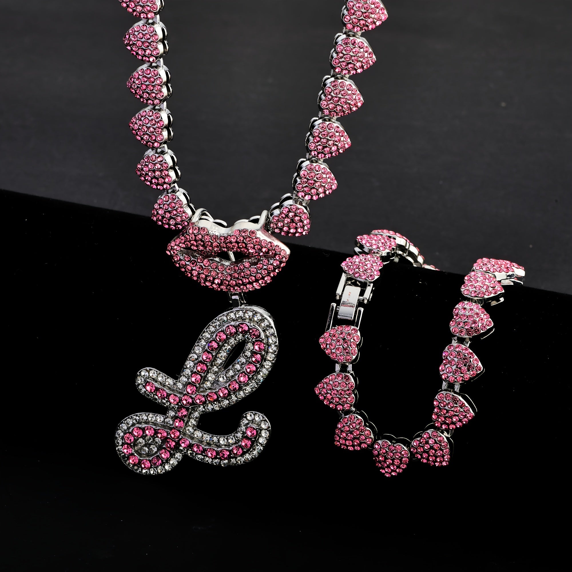 Hip Hop Y2K Style Pink Sexy Lips Pendant Necklace and Bracelet Set, A-Z Initials, Rhinestone Inlay, Zinc Alloy, Perfect for Daily Wear or Parties, Ideal Valentine's Day Gift for Men and Women, Hip Hop Jewelry