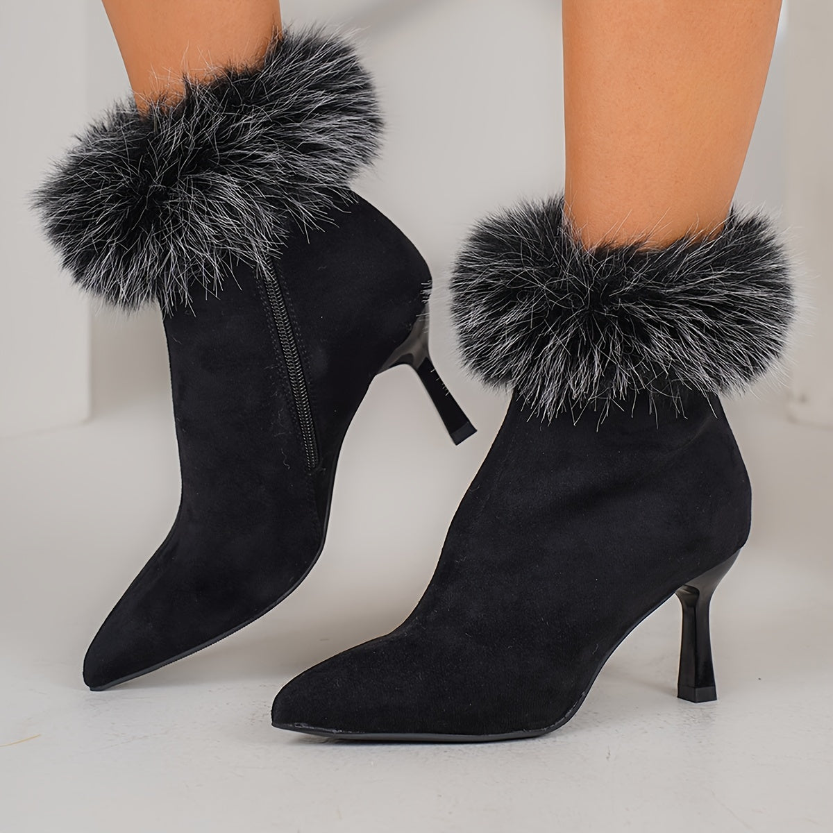 Warm & Comfortable Pointed Toe Stiletto Ankle Boots - Elegant Women's with Faux Fur Trim, Side Zipper for All Seasons