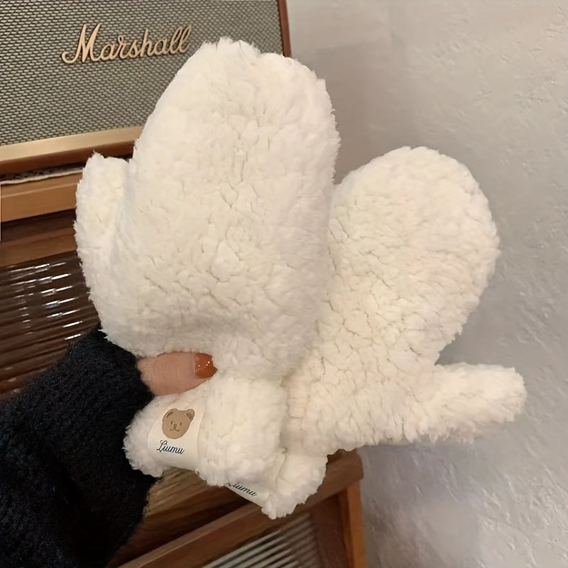 Winter Fleece Mittens with Hanging Cord, Plush Lamb Lined Warm Gloves, Windproof Thermal Thickened for Outdoor Cycling and Going Out - Hand Washable Woven Craftsmanship, Elastic Fit