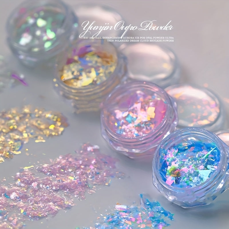 1 Box of Aurora Opal Glitter Flakes, 5 Colors Dreamy Cloud Brocade Nail Art Flakes, Shimmering Iridescent Holographic Sparkle Sequins for DIY Nail Design