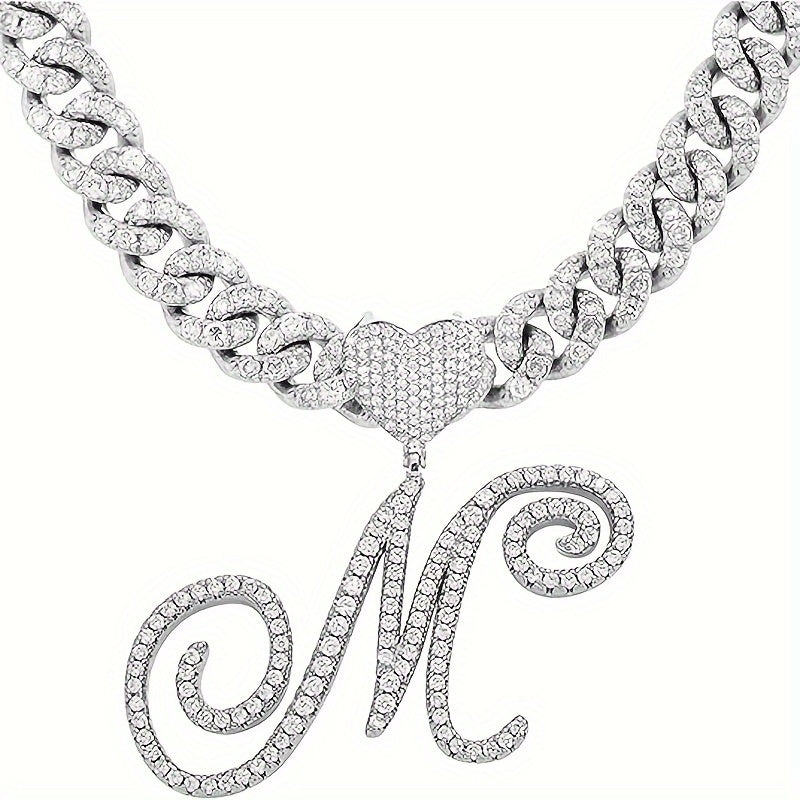 Silvery Cuban Link Necklace - Heart-shaped Alphabet Pendant on Ice Chain - Unisex Hip-hop Jewelry Gift