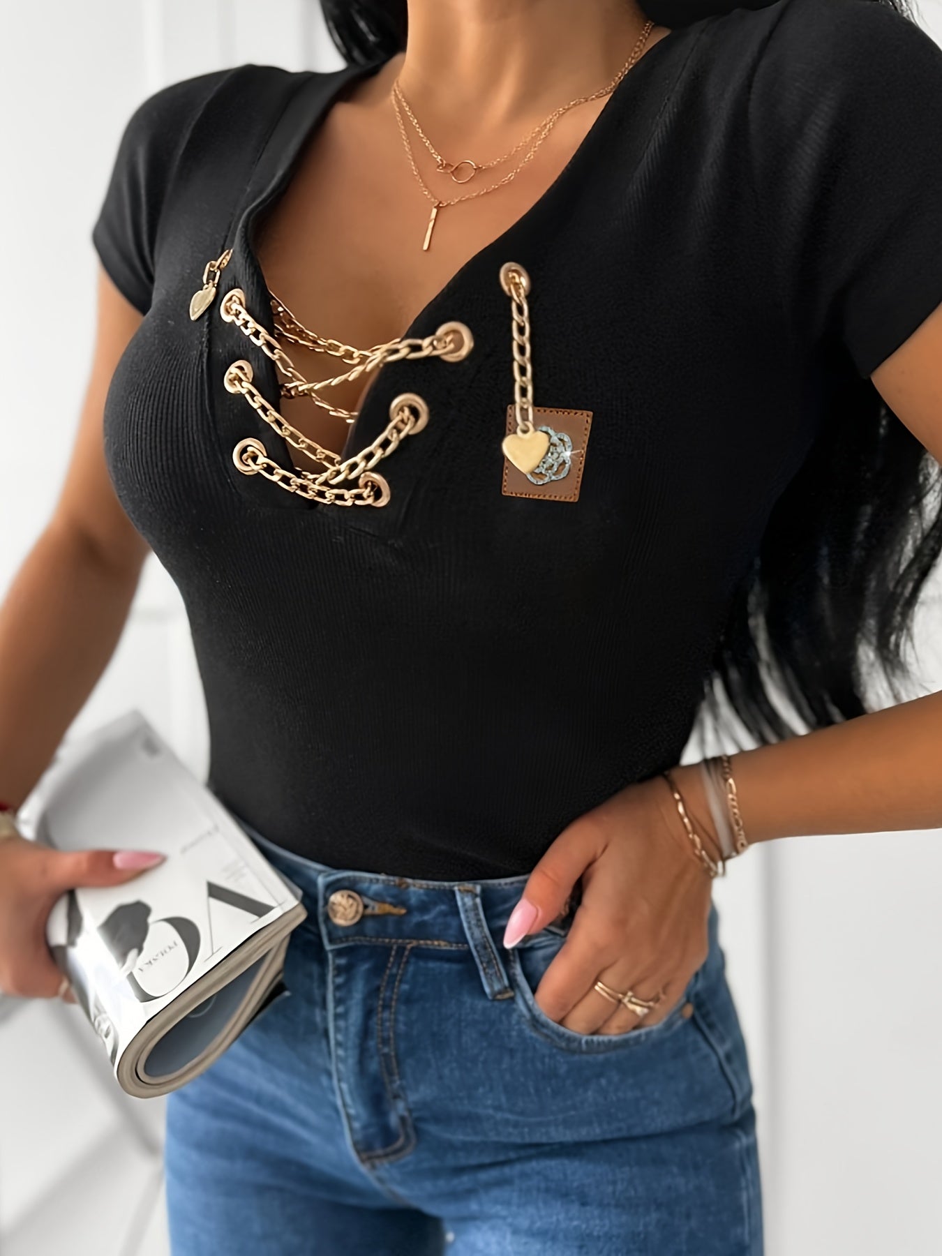 Women's Casual V-Neck T-Shirt | Red Polyester-Spandex Blend | Golden Metal Chain Detail | Slim Fit Short Sleeve | Machine Washable & Dry Clean Safe | Spring/Summer Collection