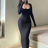 [Sexy Autumn Dress] Ultra-Long Women's Autumn Dress - Form-Fitting, A-Line Silhouette, Long Sleeves, Square Neckline, And a Sexy, Tailored Fit