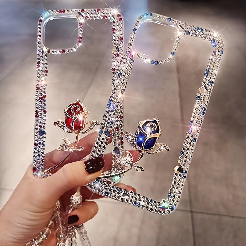 [1pc Luxurious Rose Flower Phone Case] Luxurious And Stylish Three-Row Glass Hardware Rose Flower Phone Case with Sparkle Bracelet Strap, Suitable for Iphone 16 Pro Max, Shockproof Phone Cover.