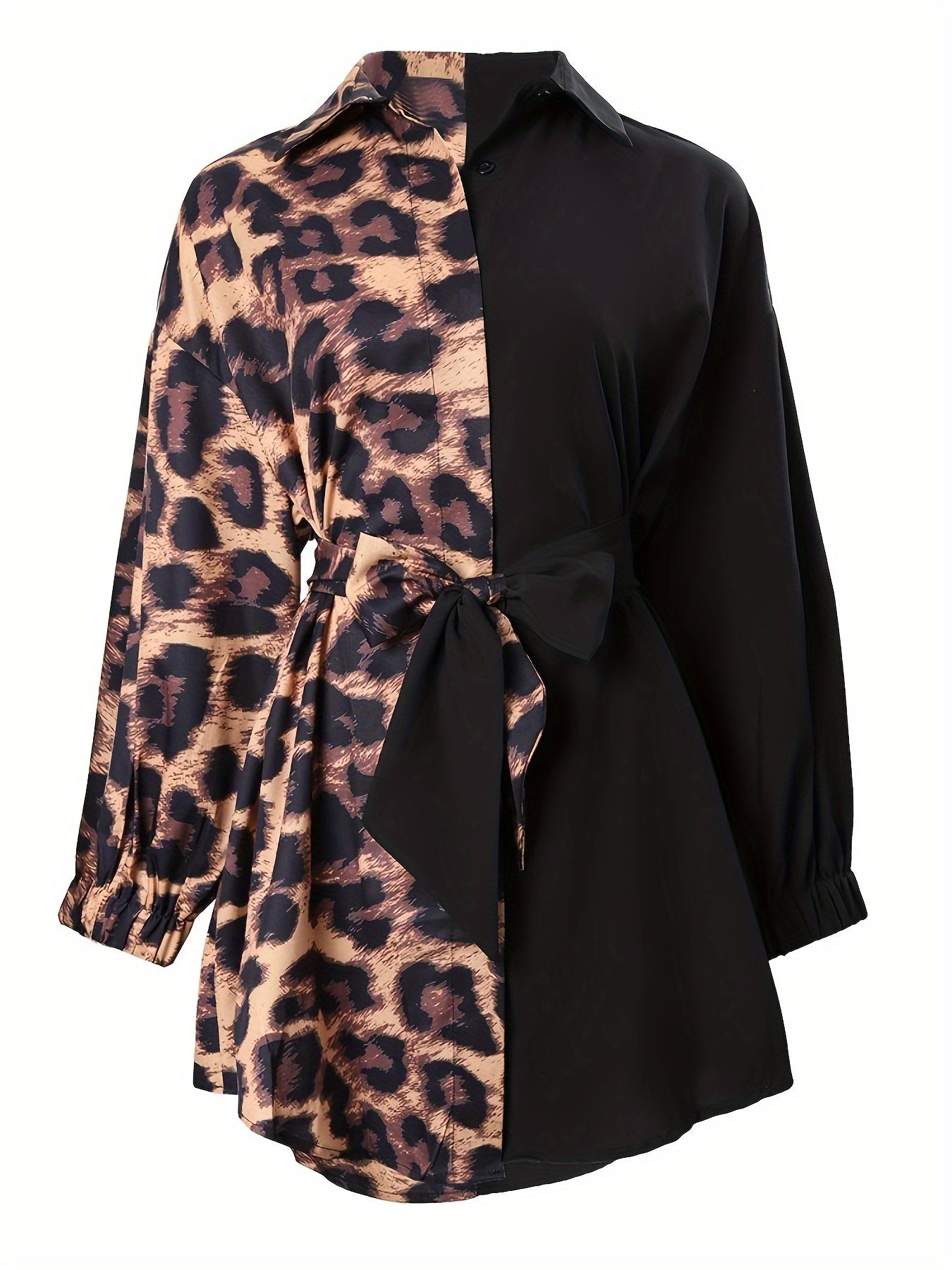 Women'S Leopard Print Wrap Dress with V-Neck and Button Details - Stylish Black and Brown Pattern, Perfect for All Seasons, Casual to Semi-Formal Attire, Casual Attire|Vneck Dress|Wrap Dress
