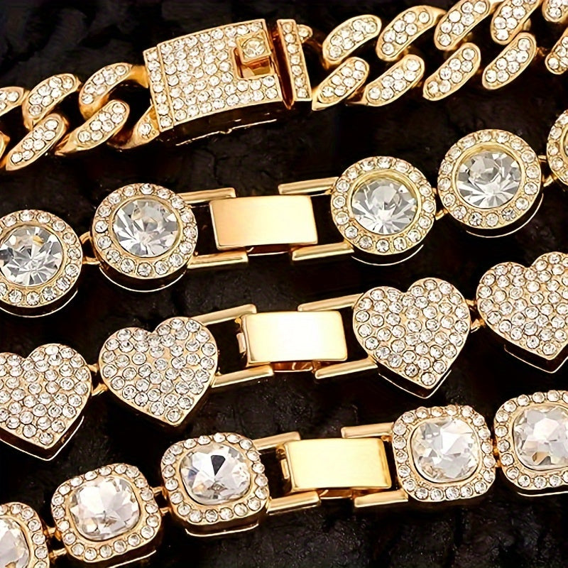4pcs Set Golden Bracelet Women Girls Silvery Cluster Tennis Bracelet Women Heart Round Cuban Bracelet Layered Link Bracelet Set Fashion Jewelry Women Girls Gift Set