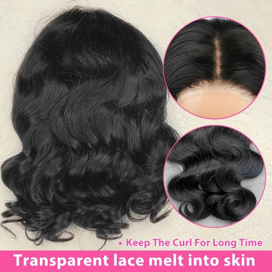 4x6 Lace Framing Short Wavy Bob Wig - Invisible Knots 3D Body Wave Human Hair Wig, 220 Density Shoulder Length Natural Look for Women, Elegant Style Fits All Ethnicities, Versatile Hairpiece, Sophisticated Hairpiece