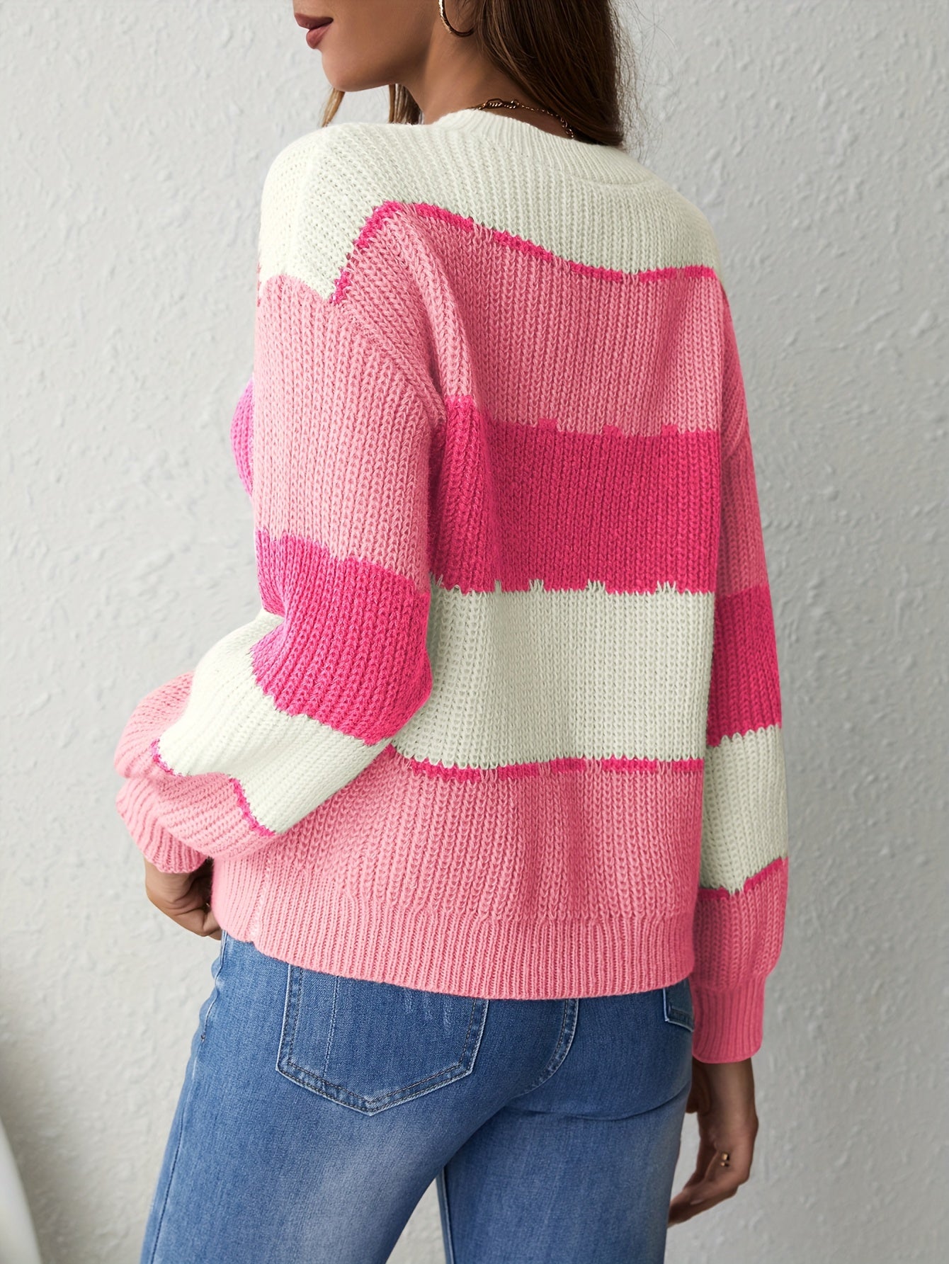 [Elegant Color Block Sweater] Long Sleeve Elegant Polyester Crew Neck Sweater - Women's Color Block Knit Pullover for Fall/Winter