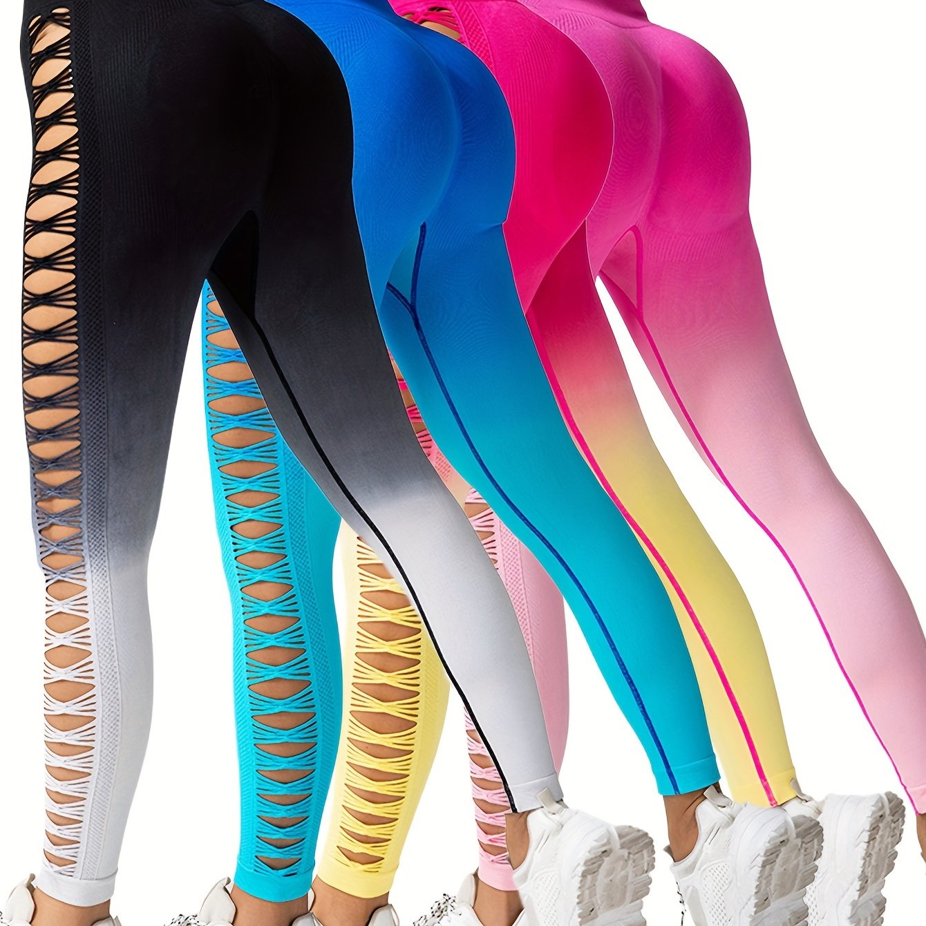 4 Pack Women's Gradient Butterfly Hollow Butt Lifting Yoga Leggings High Waisted Yoga Pants, Workout Gym And Casual Running Yoga Skinny Tights