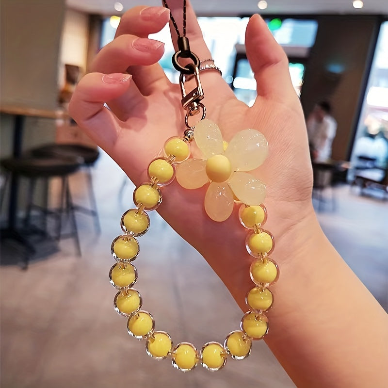 Handmade Flower Macaron Colorful Beaded Wrist Strap Mobile Phone Lanyard