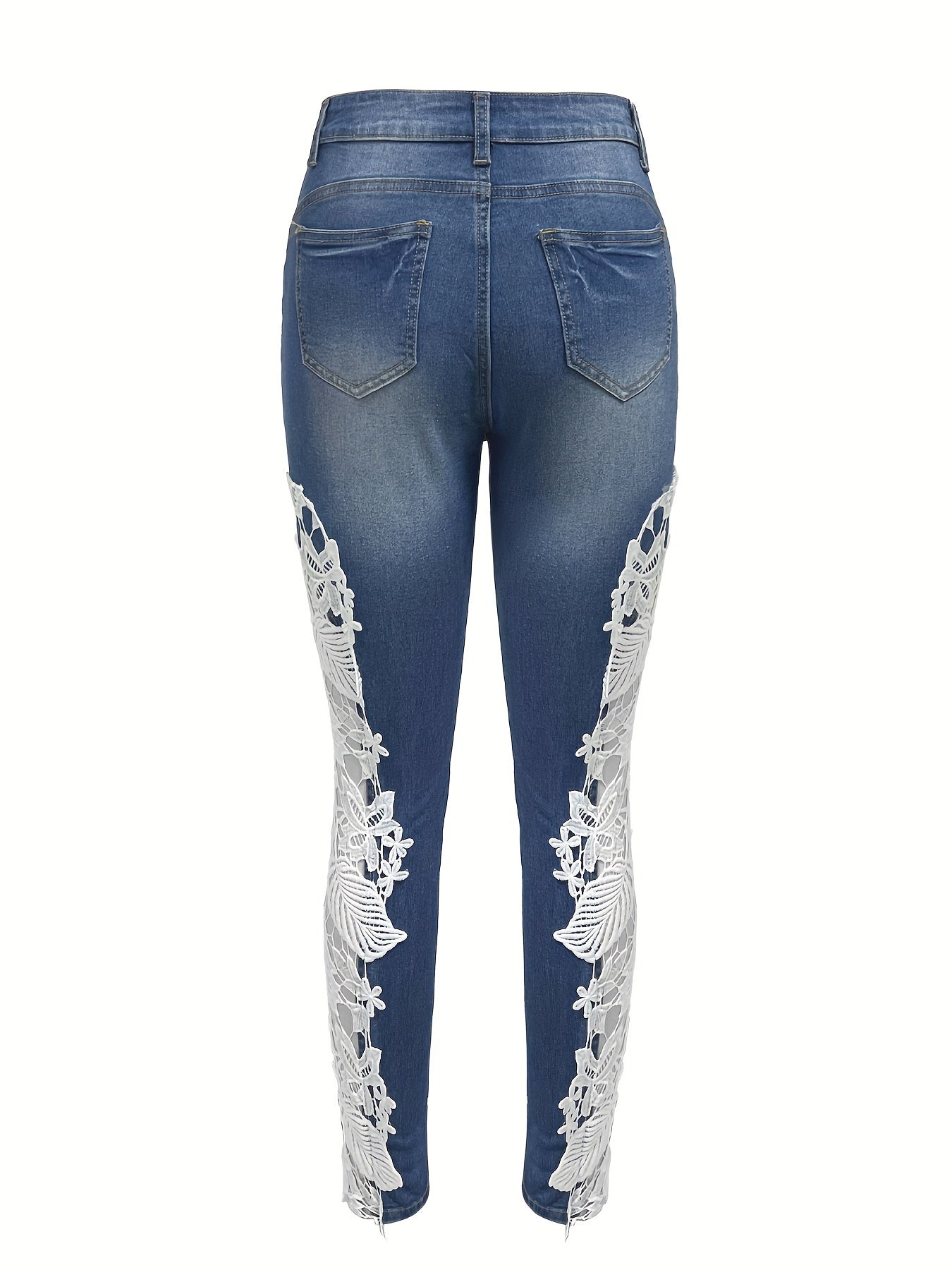 Elegant Skinny Fit Hollow Out Lace Contrast Denim Jeans, Women's Denim Pants & Clothing