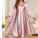 2pcs Women's Elegant V-Neck Satin Pajama Set - Smooth Polyester Fabric, 90g/m², Micro Elasticity - Autumn & Winter Comfortable Home Leisure Wear | Soft & Comfortable | Lace Up Detail