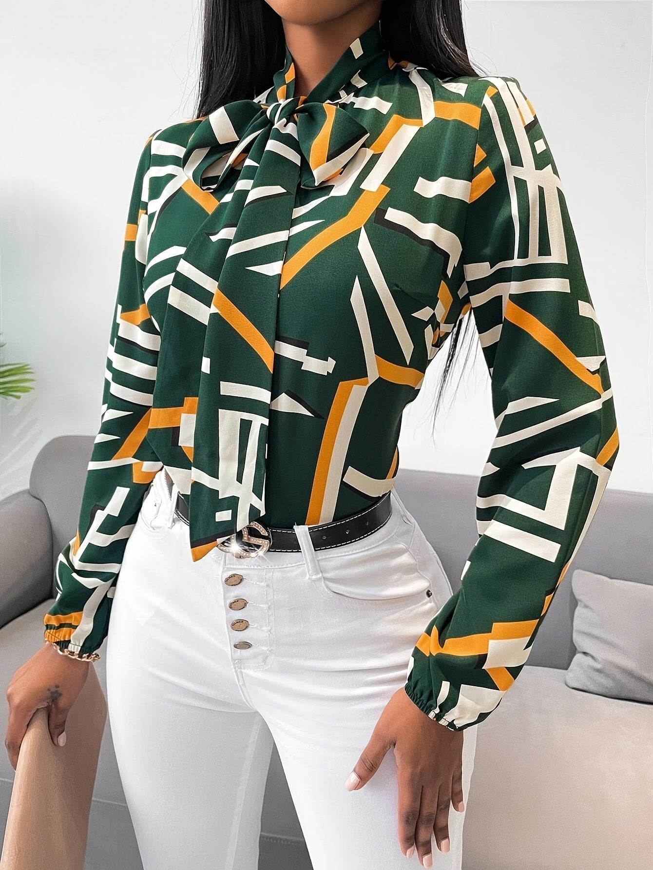 Geo Print Tie Neck Blouse, Elegant Long Sleeve Blouse For Spring & Fall, Women's Clothing