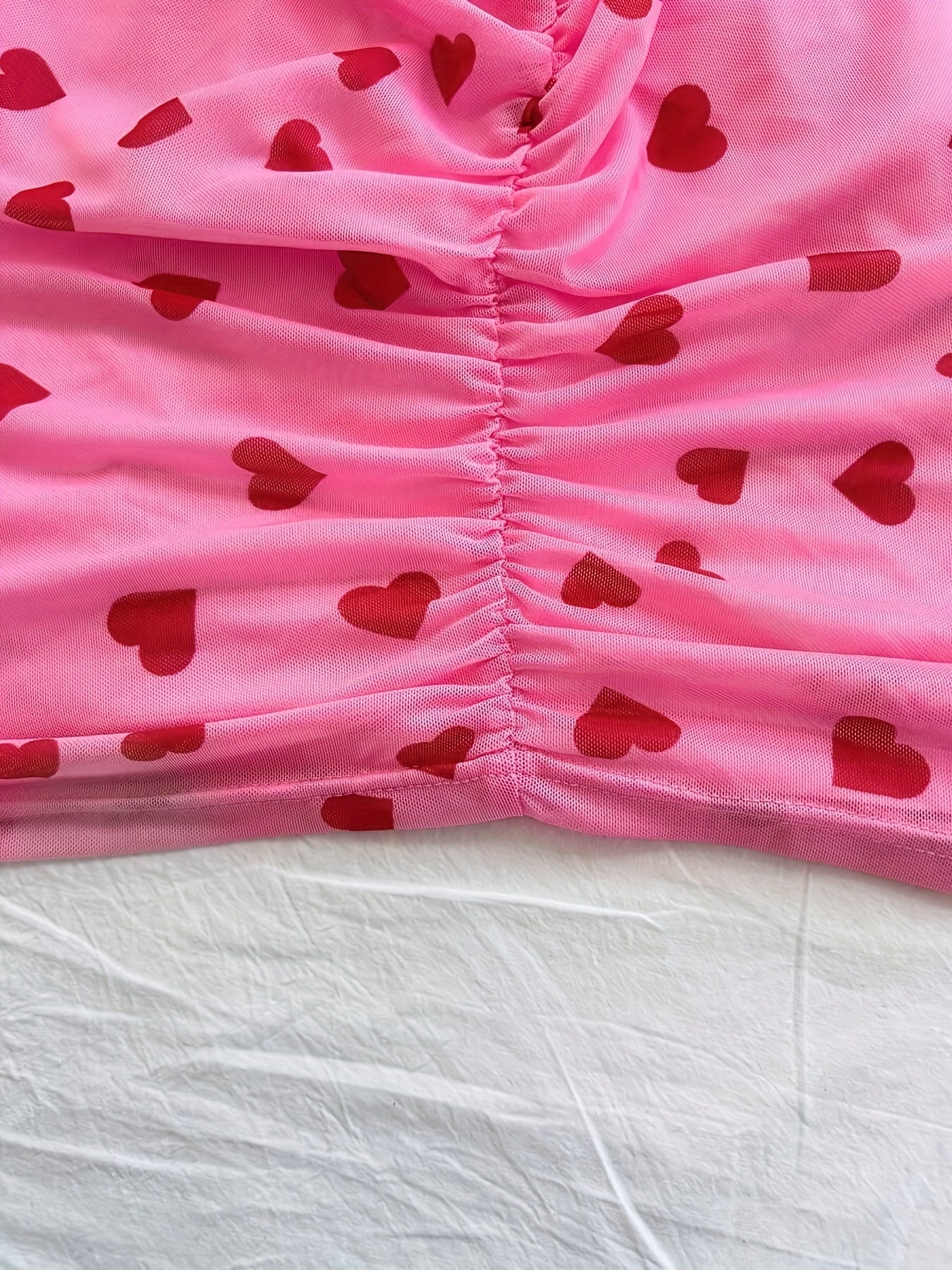 Women's Stylish Pink Heart Print V-Neck Cami Dress - Sleeveless Ruched Bodycon Summer Dress for Casual or Vacation Wear, Romantic Getaway Attire | Vneck Dress | Gathered Detailing