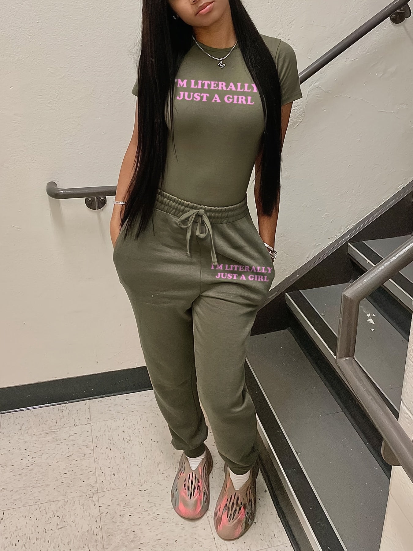 Stylish Letter Print Pants Set - Women's Clothing - Crew Neck Sleeveless Slim Fit Tank Top, Drawstring Waist Pockets Jogger Pants, Comfortable Casual Wear for Everyday, Summer Outings, and Travel