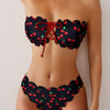 Women'S Sexy Strapless Bikini Set, High Stretch Polyester Fabric with Lace-up Detail, Fruit Pattern Swimwear, 85% Polyester 15% Elastane