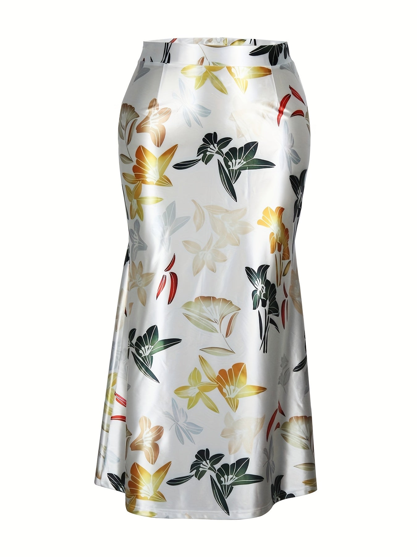Women's Elegant Floral Print Stretchy Mermaid Skirt - Plus Size Long Flowy Polyester-Spandex Blend, Machine Washable All-Season Midi Skirt for Casual & Formal Wear, Comfortable Fashion | Highwaisted Skirt | Flexible Wear