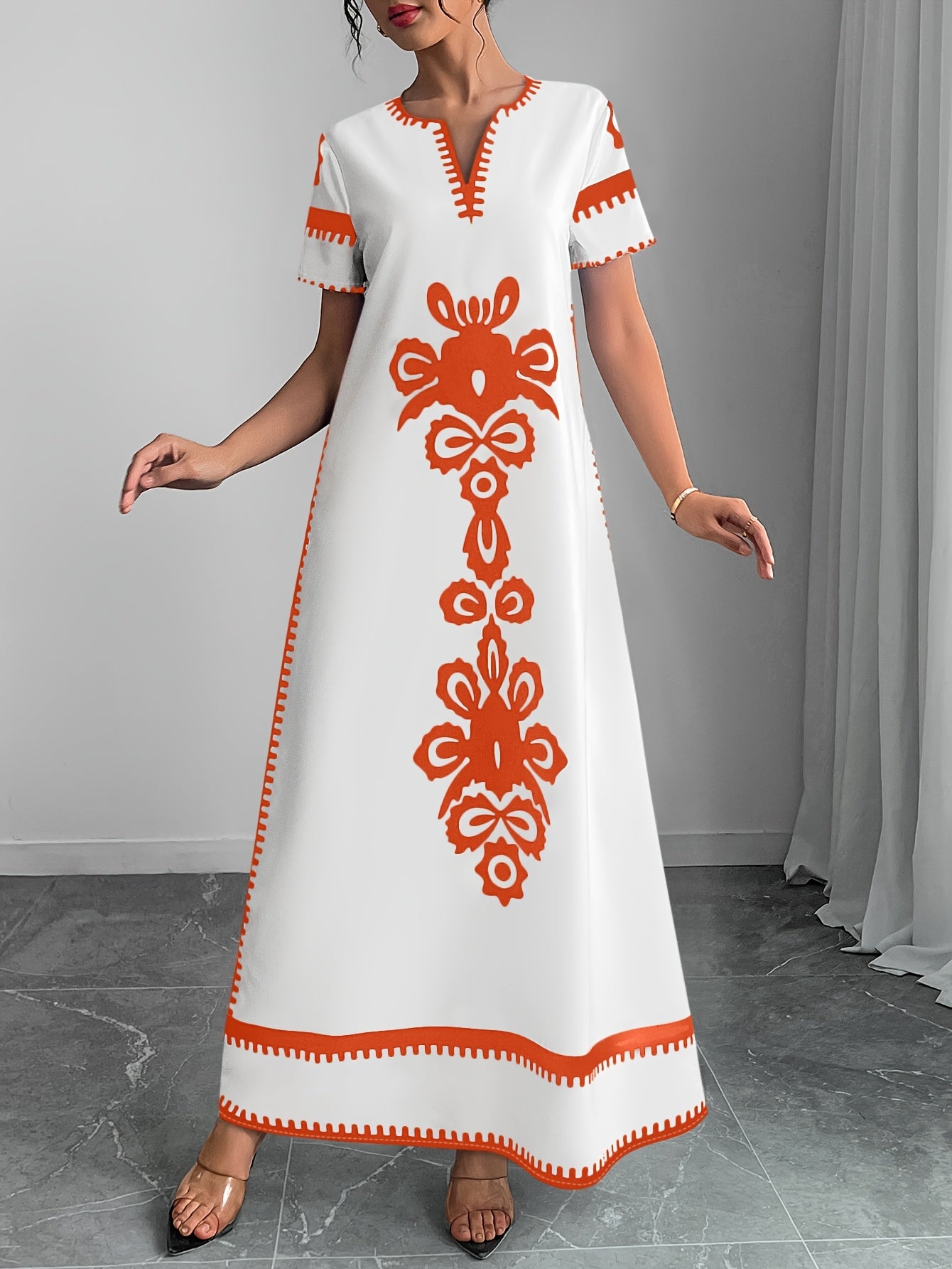 Women'S Elegant White & Black Floral Print Maxi Dress with Keyhole Detail - Casual Polyester Tunic Dress for Summer, Middle Eastern Ethnic Style, Lightweight & Breathable, Perfect for Casual Attire, Summer Casual Wear | Flora