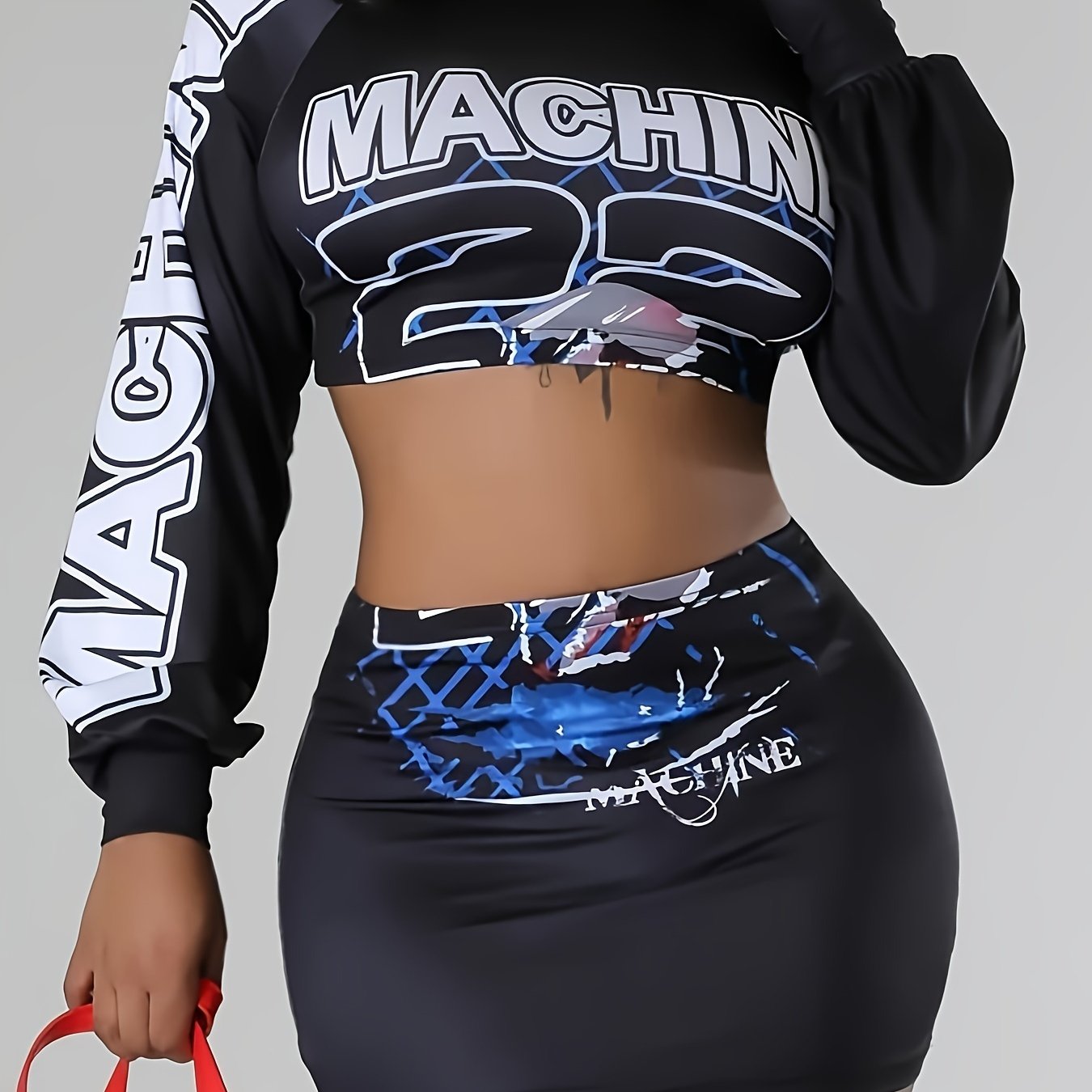 Modern Casualwear] Stylish Red Two-Piece Skirt Set with "MACHINE" Print & Lantern Sleeves - Casual Polyester Blend Crop Top & Mini Skirt, Machine Washable - Perfect for Spring/Fall, Casual Wear Set|Trendy Crop Top|Knit Constr