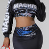 Modern Casualwear] Stylish Red Two-Piece Skirt Set with "MACHINE" Print & Lantern Sleeves - Casual Polyester Blend Crop Top & Mini Skirt, Machine Washable - Perfect for Spring/Fall, Casual Wear Set|Trendy Crop Top|Knit Constr