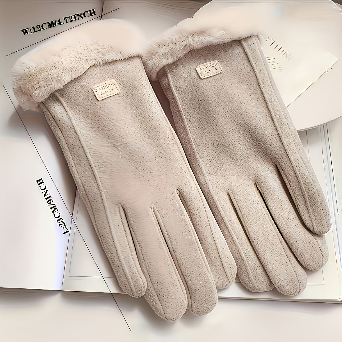 Women'S Beige Touchscreen Gloves - Thick Warm Plush Lined Full Finger Mittens for Winter, Knitted Polyester, Non-Stretch, Hand Washable, Ideal for Going Out