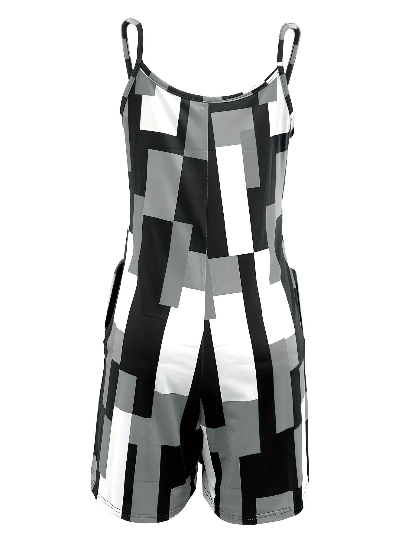 Women's Summer V-Neck Color Block Print Romper with Pockets - Stylish Sleeveless Jumpsuit in Orange, Black, White & Gray, Casual Knit Polyester Blend, Machine Washable, Stylish Leisurewear | Pocketed Outfit | Casual Elegance