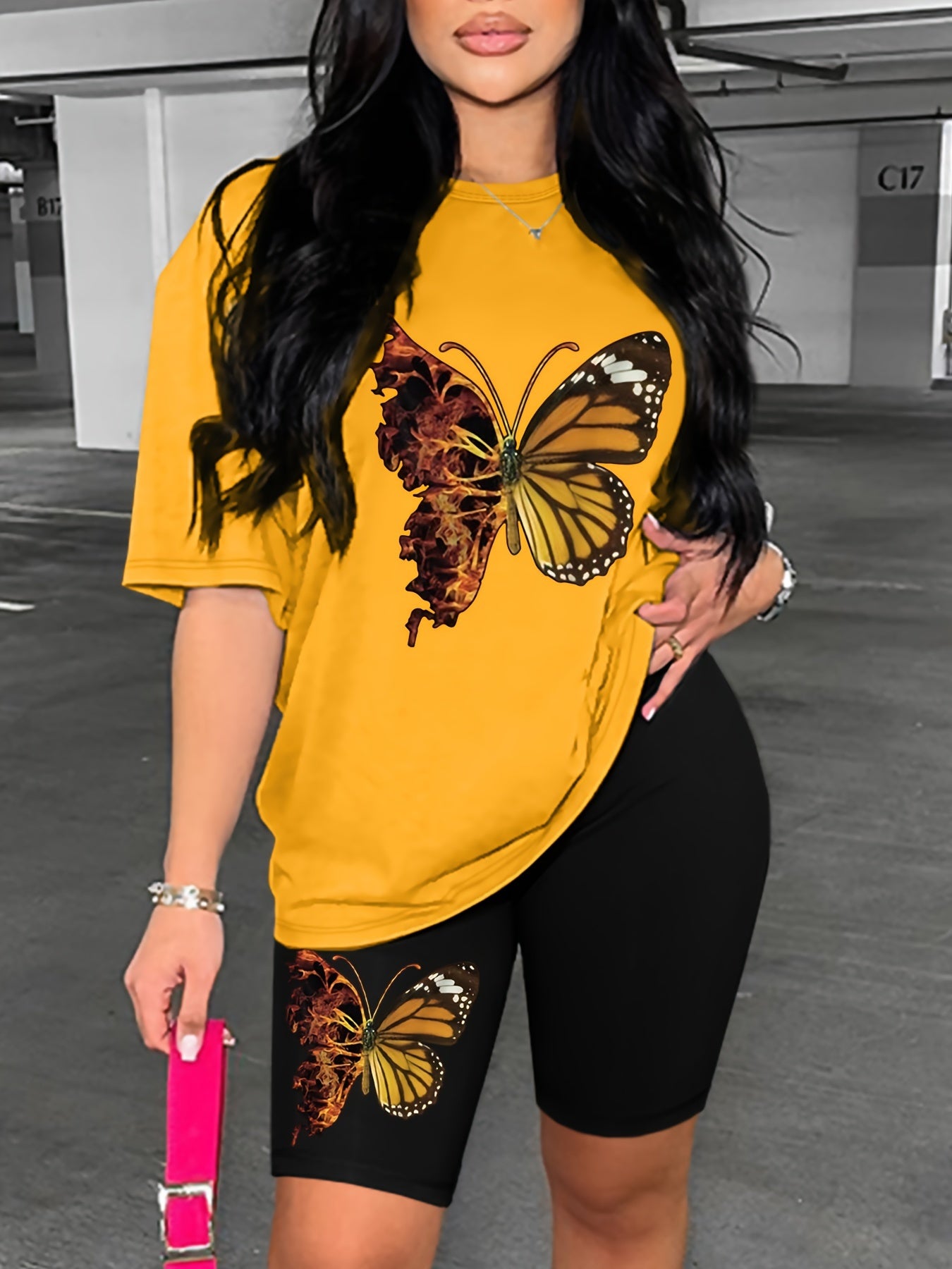 Butterfly Print Matching Two-piece Set, Casual Short Sleeve T-shirt & Skinny Shorts Outfits, Women's Clothing