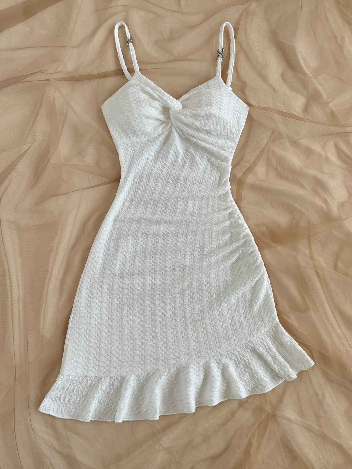 Women's Lightweight Spaghetti Strap Summer Dress with Ruffled Hem - Solid Color Flared A-Line Silhouette, Machine Washable for Beach, Casual & Semi-Formal Occasions, Beach Dress | Ruffled Hem Dress | Stylish Sleeveless Top, S