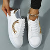 Women's Stylish White Low-Top Sneakers with Golden Chain Detail - Casual Lace-Up Shoes, Upper, Mesh Lining, TPR Sole, Versatile for All Seasons