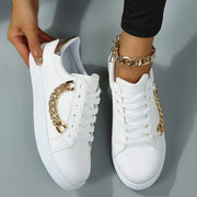 Women's Stylish White Low-Top Sneakers with Golden Chain Detail - Casual Lace-Up Shoes, Upper, Mesh Lining, TPR Sole, Versatile for All Seasons