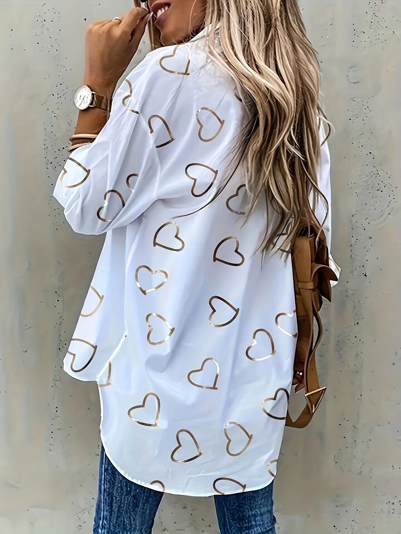 Heart Print Button Front Shirt, Casual Long Sleeve Dual Pockets Blouse For Spring & Fall, Women's Clothing